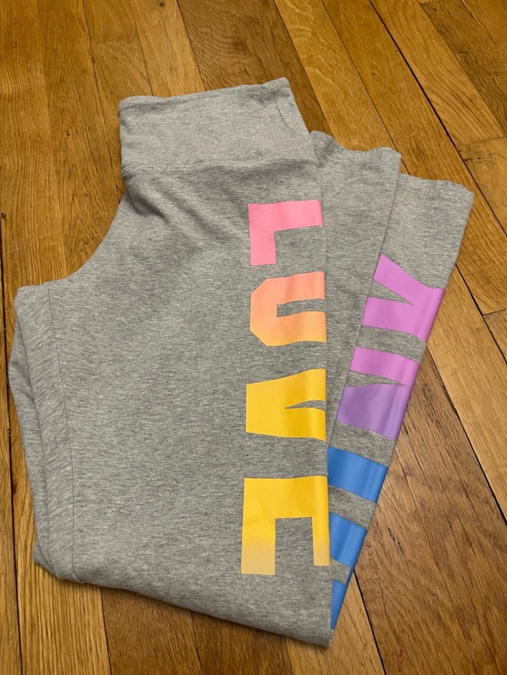 PINK Gray Leggings with Rainbow Lettering
